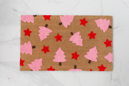 Pink Christmas Tree + Star Doormat