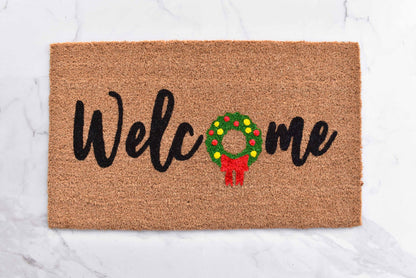 Welcome + Christmas Wreath Doormat