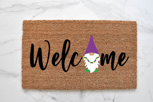 Welcome + Mardi Gras Gnome Doormat